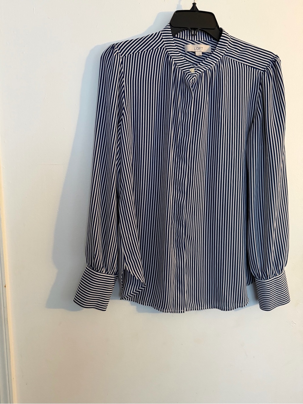 LOFT Navy & White Vertical Stripe Button-Front Blouse